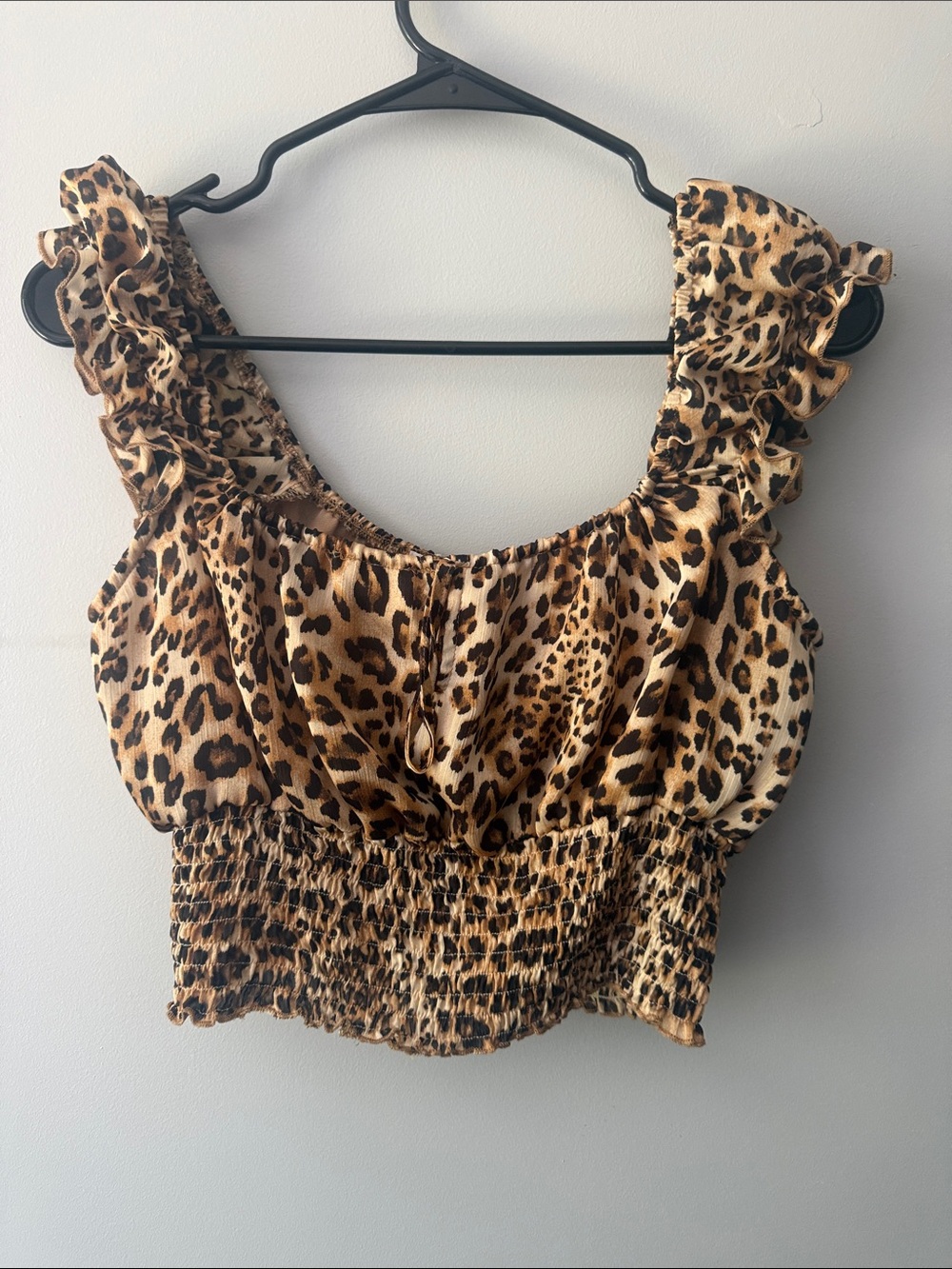 Leopard Print Ruffle Strap Smocked Crop Top - Brown